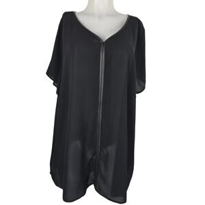 Lane Bryant Black Semi Sheer Faux Leather Trim Neck Chest Women's Blouse 26/28